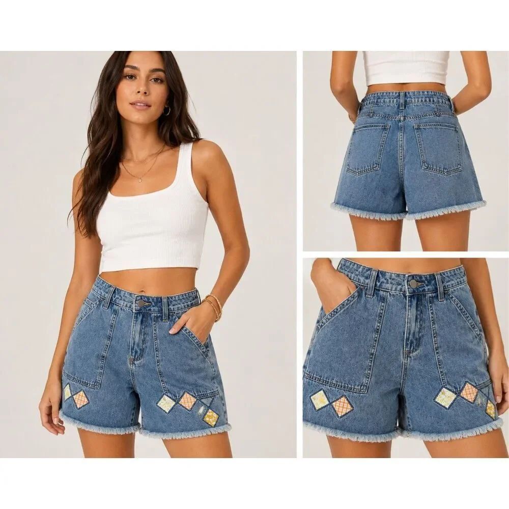 Easel Los Angeles Patchwork Denim Shorts Boho Raw Hem Size M NWT